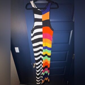 Eloquii Black & White Striped Maxi Dress with Multicolor Rainbow Stripes